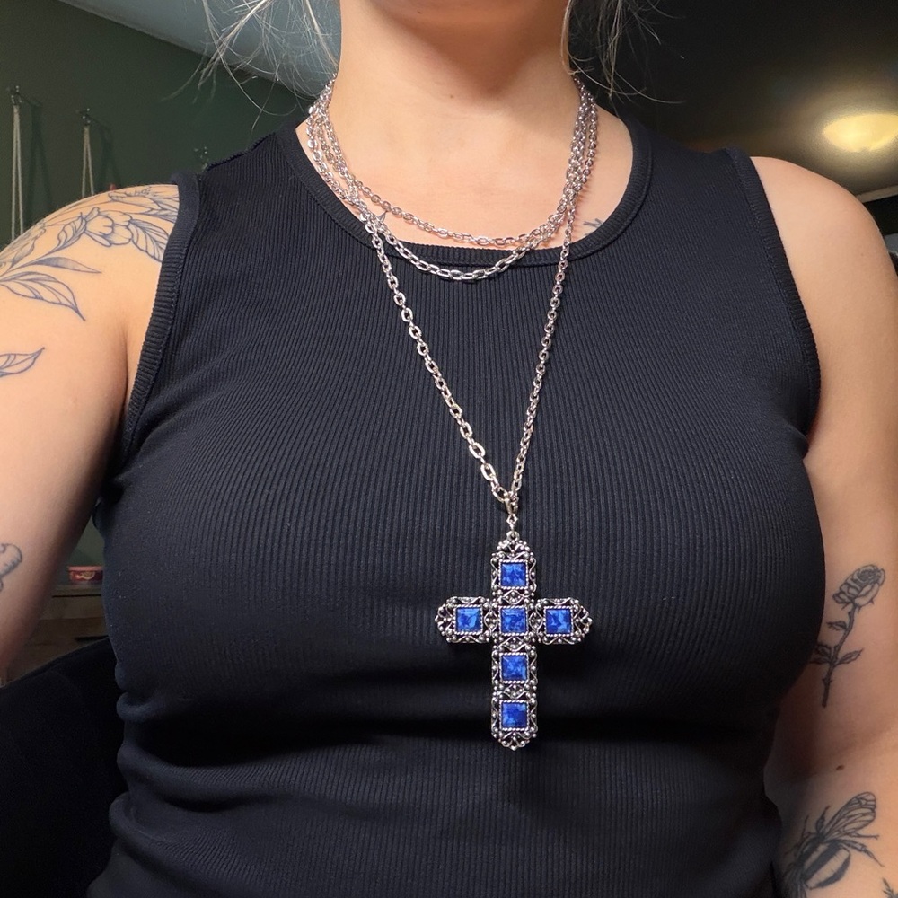 Elegant Silver and Blue Cross Pendant Necklace